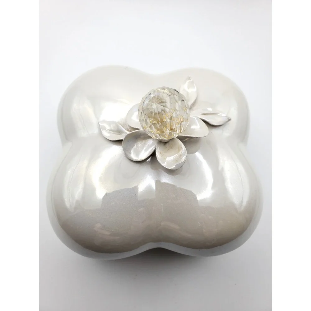 Vintage Italy Faceted Crystal Applied Flowers Opalescent Trinket Jewelry Box